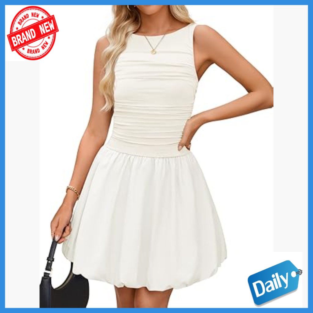 Sleeveless Ruched Bubble Mini Dress Boat Neck A-Line Summer Cocktail
